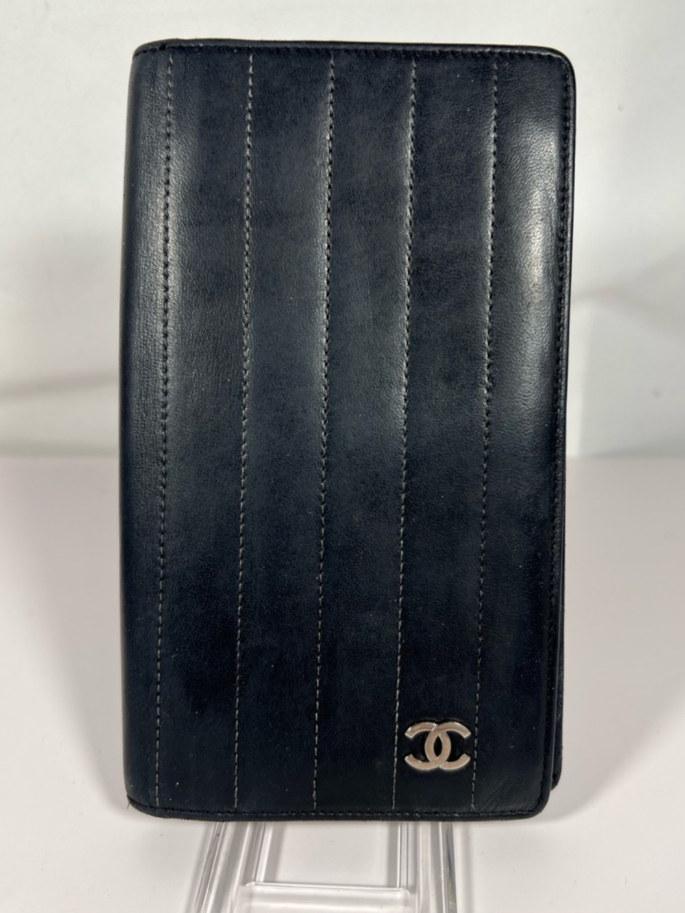 1124: Chanel Vertical Quilted Black Leather Long Wallet